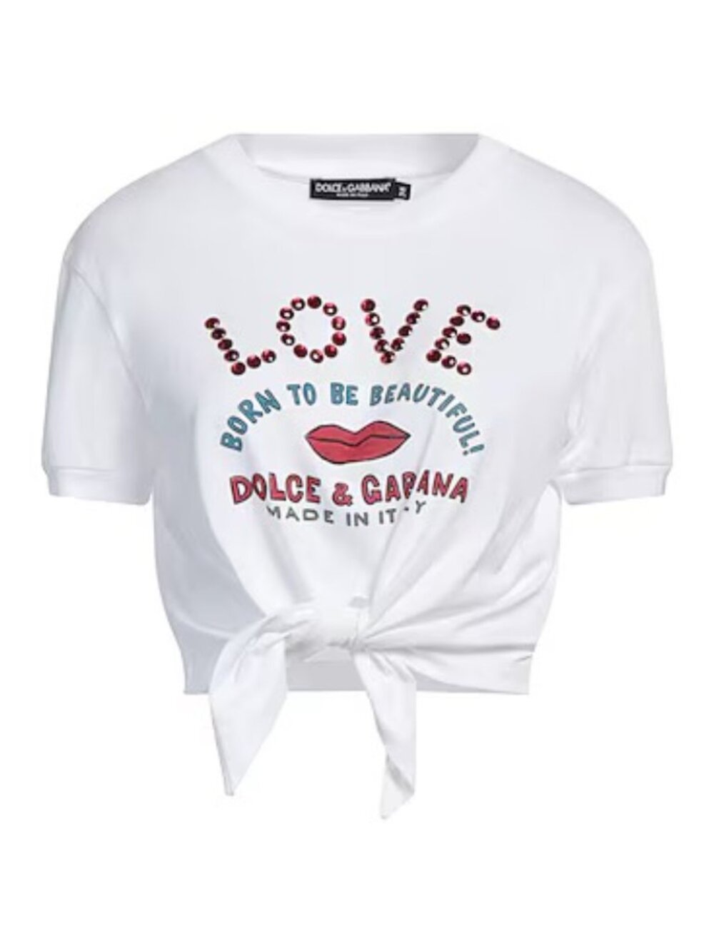 Dolce & Gabbana White Tee with Red 'LOVE' Embellishment and Tie Front